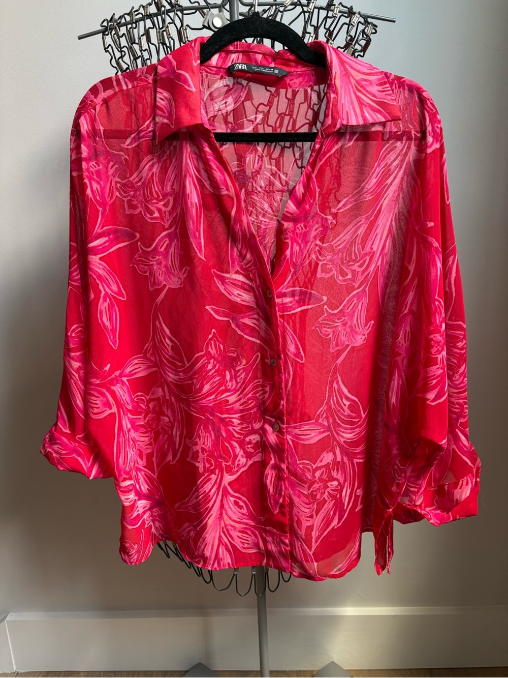 Zara Size Large Red Floral Semi Sheer Tie-Front Blouse